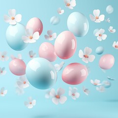 3d Flying colorful Easter eggs on blue background. Happy Easter concept or banner.