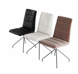 3D render of three contemporary chairs in black, white, and brown with sleek metal legs