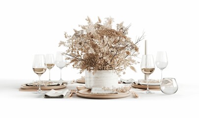 3D render of a table setting with dried flowers in a vase, plates, glasses, and napkins