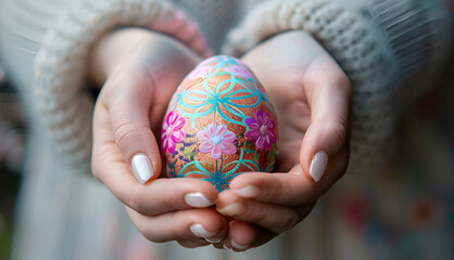 Patterned Easter glittered egg in women's hands. Easter concept