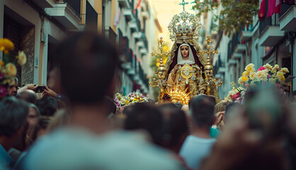 Holy Week procession through the streets of Seville with thousands of parishioners venerating the image of the Virgin. Christian religious iconography - obrazy, fototapety, plakaty