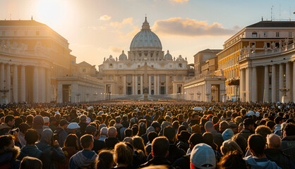 St. Peter's Square in the Vatican full of people waiting for the arrival of the Pope. religious celebration in the street
