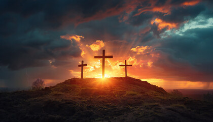 Recreation of three wood cross in a hill at sunset