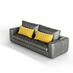 3D render of a contemporary gray leather sofa with yellow accent pillows