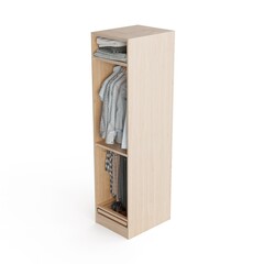 3D render of a wooden wardrobe with hanging clothes on a white background