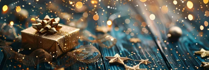 Fotobehang Christmas background template mock-up with golden shiny decorate balls and a bow on a present gift against an old wood background and defocused lights bokeh celebrate festive ideas. © Cyprien Fonseca