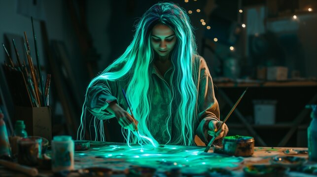 A visionary lady with long, cascading aurora borealis hair, creating art with luminescent paint, wearing a painter's smock, in a dark studio.