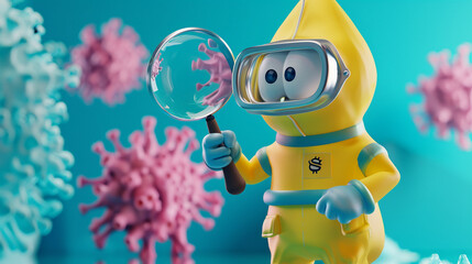 3D render of a whimsical mascot character in a hazmat suit holding a giant magnifying glass to inspect a cute cartoonish germ