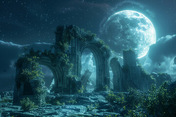 Ancient ruins under a luminescent moon, mystical nighttime landscape with ethereal glow