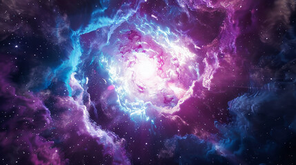 Illustration of a cosmic atomic explosion in deep space with swirling purples blues and pinks in a dramatic comic style