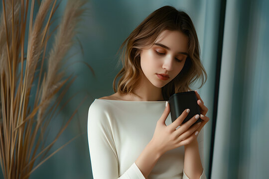 a model gracefully holding an elegant, sleek product in her hands, 