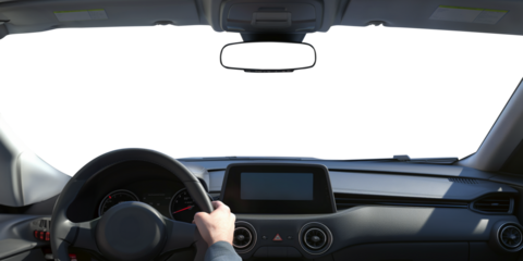 Driving a car. 1st person perspective. Cockpit and steering wheel view angle. Back view. Transparent PNG background. Pen tool premium cutout. Man holding a steering wheel in a car. 