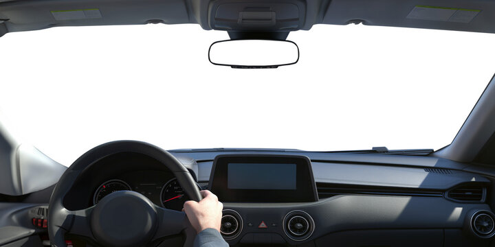 Driving a car. 1st person perspective. Cockpit and steering wheel view angle. Back view. Transparent PNG background. Pen tool premium cutout. Man holding a steering wheel in a car. 