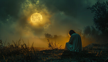 Recreation of Jesus Christ praying in the garden Gethsemane a night with full moon