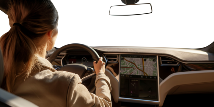 Woman driving back view. Driving a car. 1st person perspective. Cockpit and steering wheel view angle. Back view. Transparent PNG background. Pen tool premium cutout.