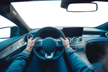 Man hands holding steering wheel. Driving a car. 1st person perspective. Cockpit and steering wheel view angle. Back view. Transparent PNG background. Pen tool premium cutout.