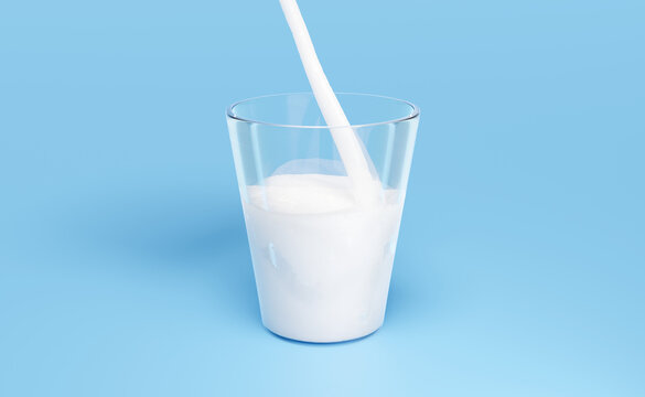 3d Pour the milk or yogurt into a clear glass isolated on blue background. 3d render illustration