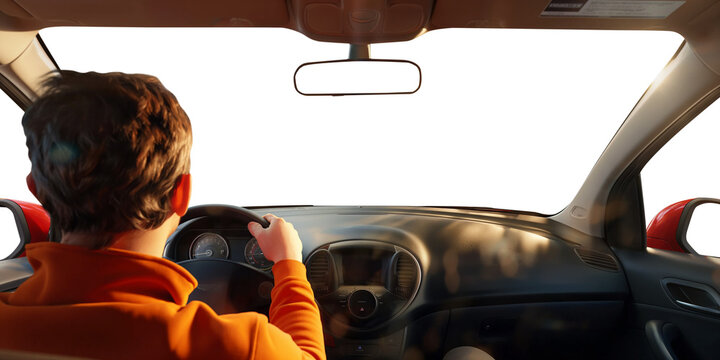 Young man driving a vehicle. Driving a car. 1st person perspective. Cockpit and steering wheel view angle. Back view. Transparent PNG background. Pen tool premium cutout.