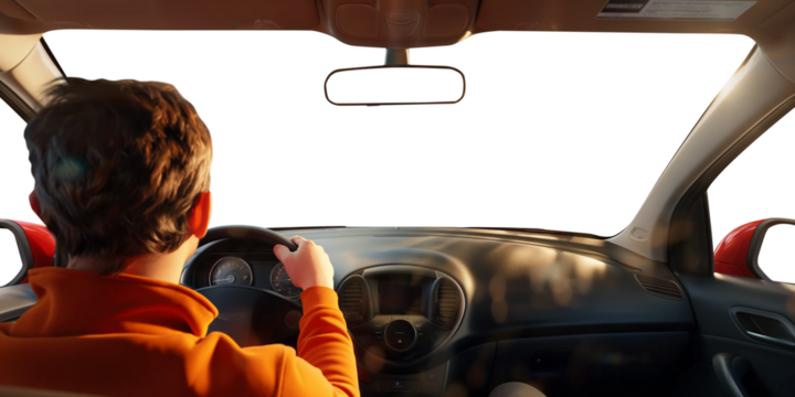 Young man driving a vehicle. Driving a car. 1st person perspective. Cockpit and steering wheel view angle. Back view. Transparent PNG background. Pen tool premium cutout.