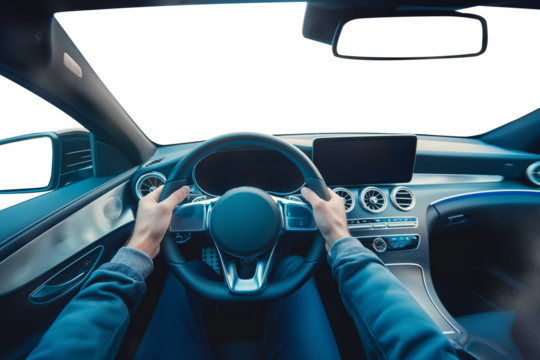 Man hands holding steering wheel. Driving a car. 1st person perspective. Cockpit and steering wheel view angle. Back view. Transparent PNG background. Pen tool premium cutout.