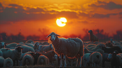 Amidst a backdrop reminiscent of a vibrant sunrise, a flock of sheep and goats congregate, exuding...