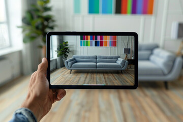 Modern Interior Design Through Tablet Screen. Generative ai