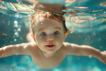 Fototapeta na wymiar A cute baby floats underwater, surrounded by the gentle embrace of the water. Diving toddler concept. Generative AI.
