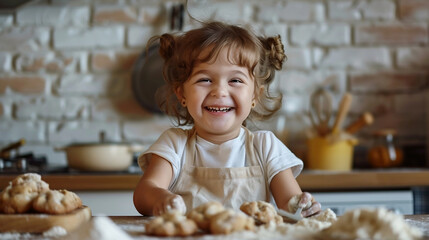happy little girl in a kitchen apron preparing cookies in a beautiful kitchen.Baking concept.Creative and happy childhood concept.