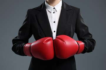 Businesswoman in suit wearing boxing gloves on grey background, closeup