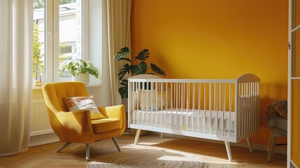Interior of modern baby room with yellow armchair and cot, ai generative