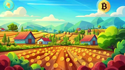 Foto op Plexiglas Cartoon farm landscape with village houses and bitcoins in the sky, vector illustration. AI generative © Resi