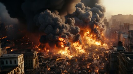 Scene of a giant fire in a densely populated city - obrazy, fototapety, plakaty