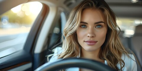 Sophisticated affluent businesswoman exudes confidence while driving her luxurious automobile. Concept Luxury Lifestyle, Businesswoman, Confidence, Automobile, Sophisticated