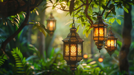 Artistic composition featuring a cluster of Islamic lanterns set against a backdrop of lush...