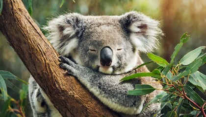 Koala bear sleeps on a tree