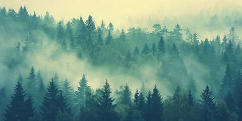 Misty foggy mountain landscape with firs in vintage style - AI Generated - obrazy, fototapety, plakaty