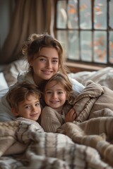 Fototapeta premium Happy Woman and Children Enjoying Quality Time Together in a Spacious Bed