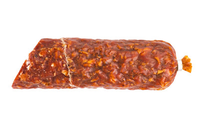 piece of smoked pork sausage with lard on a white background it is isolated