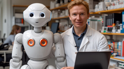 A scientist working with a humanoid robot in a modern lab setting. Researcher with Humanoid Robot in Laboratory. 