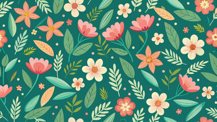 Seamless pattern with flowers and leaves. Vector illustration in flat style.