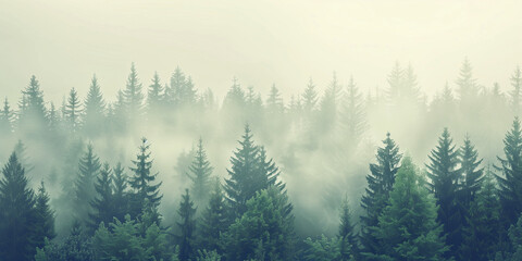 Misty foggy mountain landscape with firs in vintage style - AI Generated