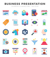 Set of 25 Business Presentation Flat Icons Pack.