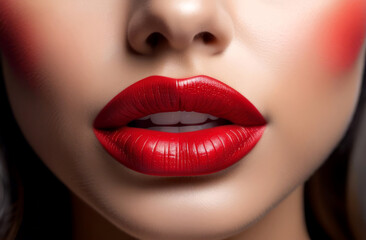 Fototapeta premium Close-up of beautiful female lips with red lipstick. Concept of cosmetology and lip lifting.