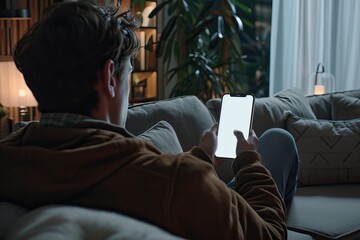 man using mobile smartphone with blank white screen on sofa in living room, copy space. mockup
