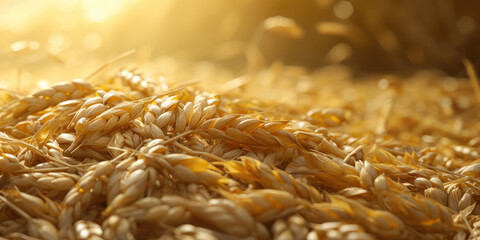 Golden wheat ears bask in the warm, glowing light of the sunset.