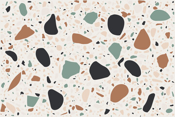 Terrazzo floor texture. Polished pebbles. Abstract green, beige and black color seamless pattern, vector background. Italian style tile in stone, marble and glass.