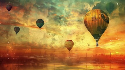 Obraz premium Hot air balloons over the sea at sunset.