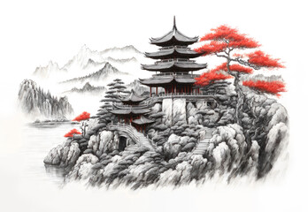 Traditional Asian pagoda in mountain landscape