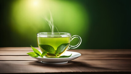 Glass cup of fresh green tea on wooden tableGlass cup of fresh green tea on wooden table
