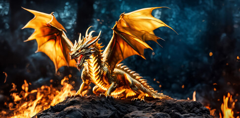 Golden dragon roaring and spreading wings in fire